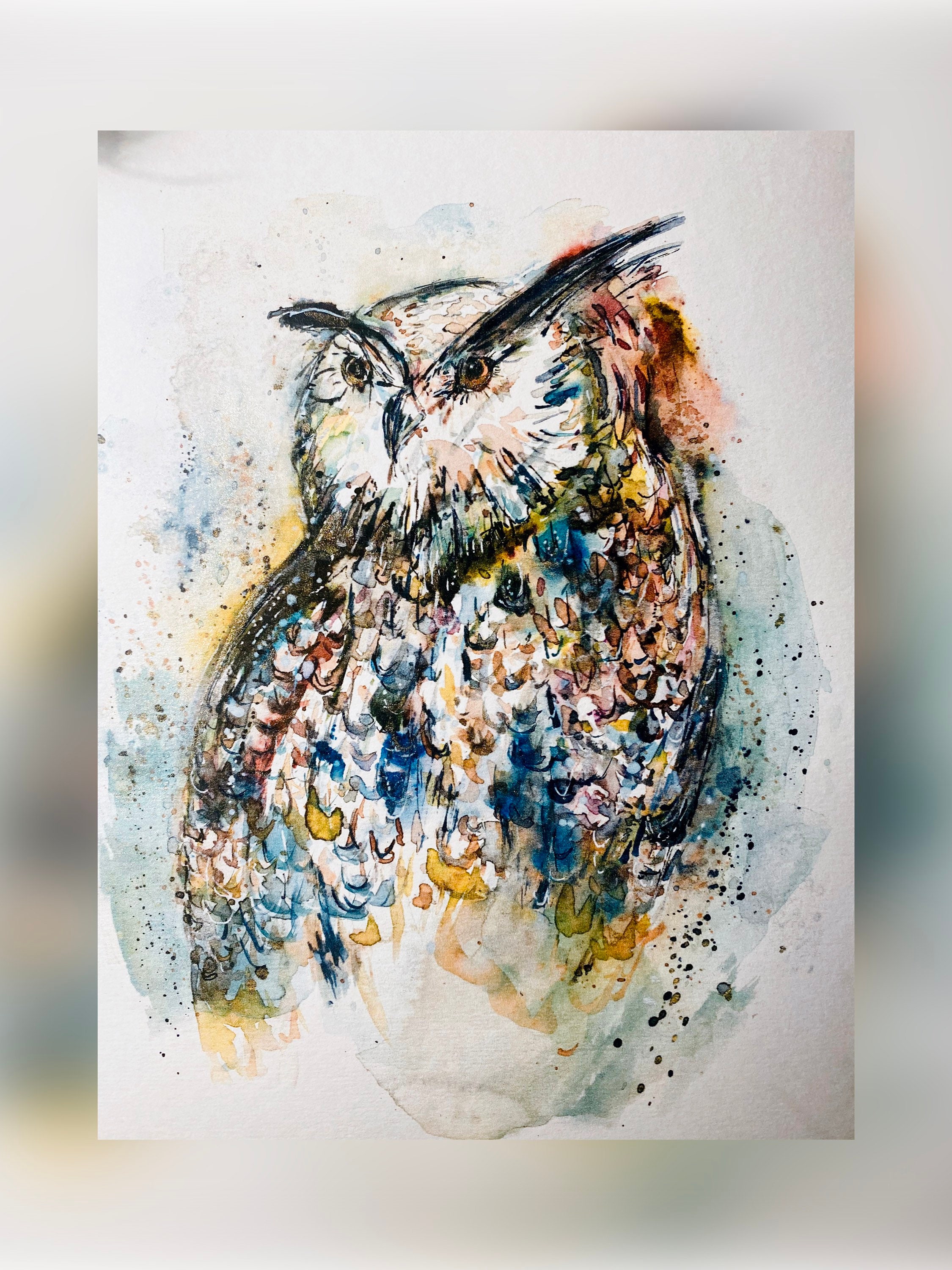 Colourful Watercolour Owl Print, Moody Vibe Owl Painting, Textured Owl Illustration Abstract Owl Art