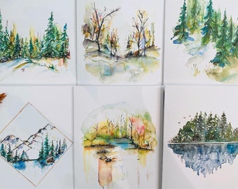 Cartes de voeux aquarelle forêt vierge, cartes d'art nature abstrait arbre paysage, lot de 6 cartes nature