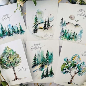 Happy Birthday Watercolour Pack of 6 Forest Folded Cards, Assorted Watercolour Tree Greeting Cards, Emerald Green Forest Art Cards