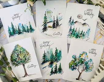 Happy Birthday Watercolour Pack of 6 Forest Folded Cards, Assorted Watercolour Tree Greeting Cards, Emerald Green Forest Art Cards