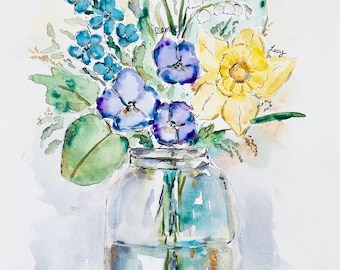 Birth Flower Family Painting In Vase, Original Watercolour Birthday Floral Painting, Personalized Floral Art, Original Vase Bouquet Painting