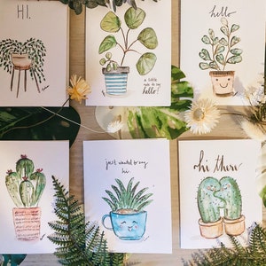 Cartes de voeux Hello There, cactus et plantes succulentes, assortiment de voeux de bonjour, cartes de plantes aquarelles, paquet de 6 cartes, plantes au visage heureux