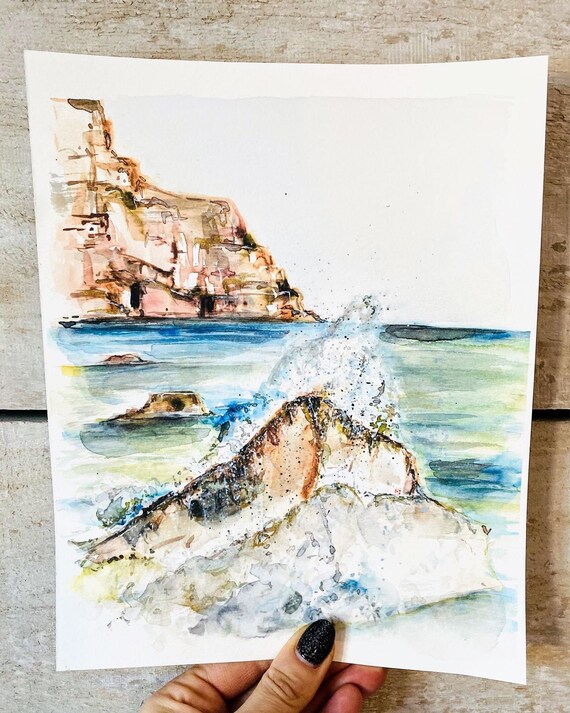 灯台と波の水彩画デュオ、海岸の版画 2 点、岩の多い島と灯台の 灯台と波の水彩画デュオ、海岸の版画 2 点、岩の多い島と灯台の