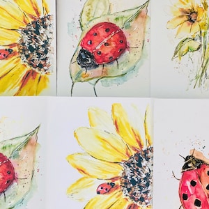Pakket met 6 wenskaarten lieveheersbeestje en zonnebloem, gevouwen kaarten aquarel lieveheersbeestje en gele zonnebloem, blanco kaarten insecten en bloemen