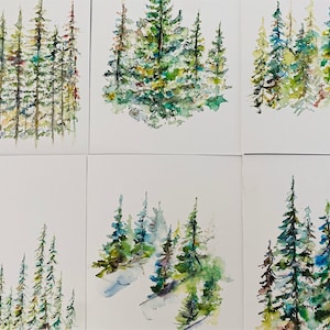 Watercolour Evergreen Forest Cards, Blank Watercolour Nature Cards, Abstract Evergreen Folded Cards