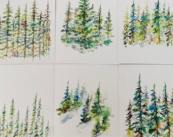 Tarjetas de acuarela de bosque perenne, tarjetas de acuarela de naturaleza en blanco, tarjetas abstractas de hoja perenne plegadas