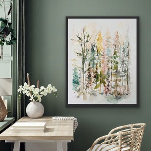 May include: Watercolor painting of a forest scene with trees in shades of green, brown, and pink. The trees are painted in a loose, impressionistic style, with soft edges and flowing lines.
