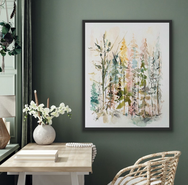 May include: Watercolor painting of a forest scene with trees in shades of green, brown, and pink. The trees are painted in a loose, impressionistic style, with soft edges and flowing lines.