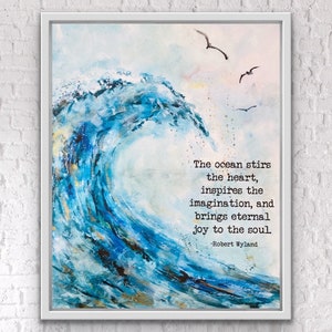 Cita "Los océanos conmueven el corazón e inspiran la imaginación". Acuarela de playa, impresión artística de olas en acuarela, cita con todo el azul del océano.