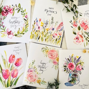 Folded Watercolour Mothers Day Cards, Pack of 6 Assorted Happy Mothers Day Greeting Note Cards, Floral Watercolour Mothers Day Art Cards image 1