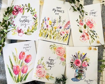 Folded Watercolour Mother’s Day Cards, Pack of 6 Assorted Happy Mother’s Day Greeting Note Cards, Floral Watercolour Mother’s Day Art Cards