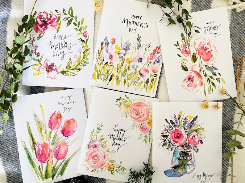 Folded Watercolour Mothers Day Cards, Pack of 6 Assorted Happy Mothers Day Greeting Note Cards, Floral Watercolour Mothers Day Art Cards image 1