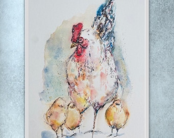 May include: A watercolor painting of a white hen with a red comb and three yellow chicks. The hen is standing on top of the chicks, with its wings spread out. The background is a soft blue and pink watercolor wash.