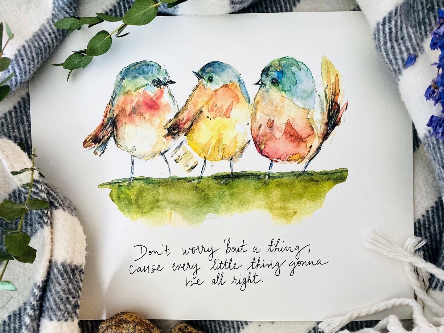 何も心配しないで。きっと大丈夫。水彩画「三羽の鳥」プリント、三羽の