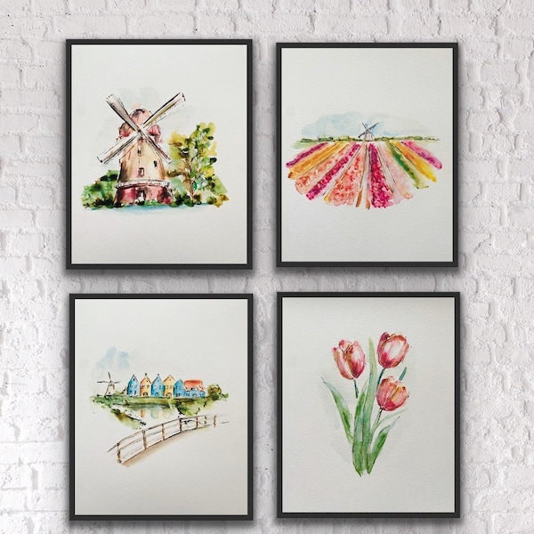 Holland Netherlands Watercolour Illustrations, Set Of Four Dutch Watercolour Prints, Tulips Windmills Keukenhof Netherlands  Volendam Art