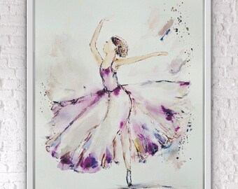 May include: Watercolour painting of a ballerina in a purple and white tutu, with a white background.