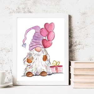 Gnomo de corazón de feliz cumpleaños, gnomo de amor de acuarela, arte de pared de cumpleaños, linda obra de arte de gnomo, arte de gnomo personalizado
