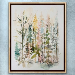 May include: Watercolor painting of a forest scene with tall trees in shades of green, pink, and yellow. The trees are painted in a loose, impressionistic style, with soft edges and flowing lines.