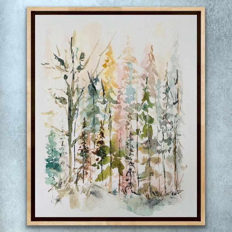 May include: Watercolor painting of a forest scene with tall trees in shades of green, pink, and yellow. The trees are painted in a loose, impressionistic style, with soft edges and flowing lines.