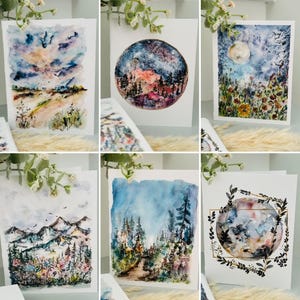 Carte vuote per gli amanti della natura, carte Moon Mounains Forest da 6 pacchi, carte acquerello Nature And Sky Forest, carte Bundle Moon Trees