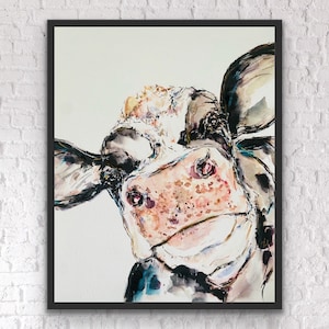 Stampa ad acquerello di una mucca Holstein buffa con il naso rosa, stampa del profilo di una mucca Holstein felice, arte murale in bianco e nero con una mucca