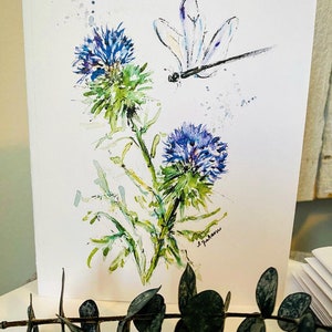Schotse distelkaarten, pakket van 6, libelkaart, aquarelwenskaart, blanco groet, bloemenkaart, handgemaakte print, Schots erfgoed