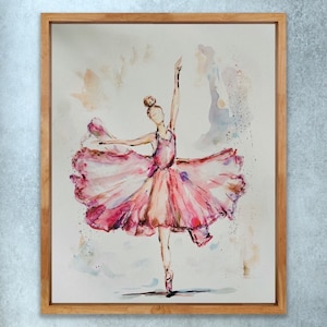 Dancing Ballerina Pink Flowy Dress Print, Ballerina Watercolour Artwork, Elegant Dancing Princess, Dancer PinkWatercolor, Gift for Ballerina