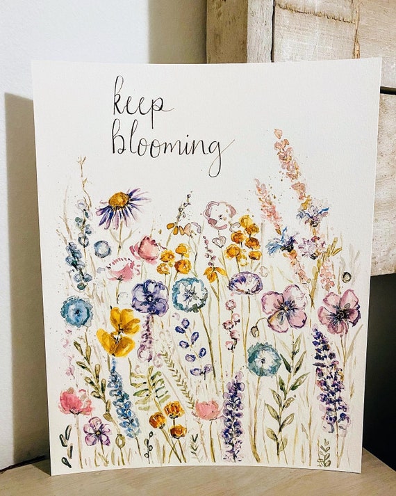 海外購入 洋書 Wildflowers in Watercolour＊インテリア Keep Blooming Handlettering Wildflower Watercolour Print