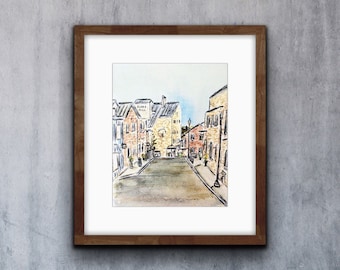 Elora Ontario Aquarell Portrait Innenstadt Druck, Elora Mill and Shops Illustrierter Druck, Ontario Kleinstadt Kunstdruck