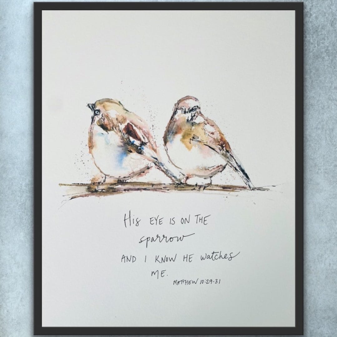His Eye is on the Sparrow Watercolour Bird Print, Two Sparrows and
