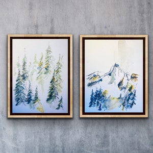 Misty Trees on a Hill and Mountains Watercolour Duo, Watercolor Trees and Mountains Set, Warm Coloured Forest Scenery Art, Nature Wall Art