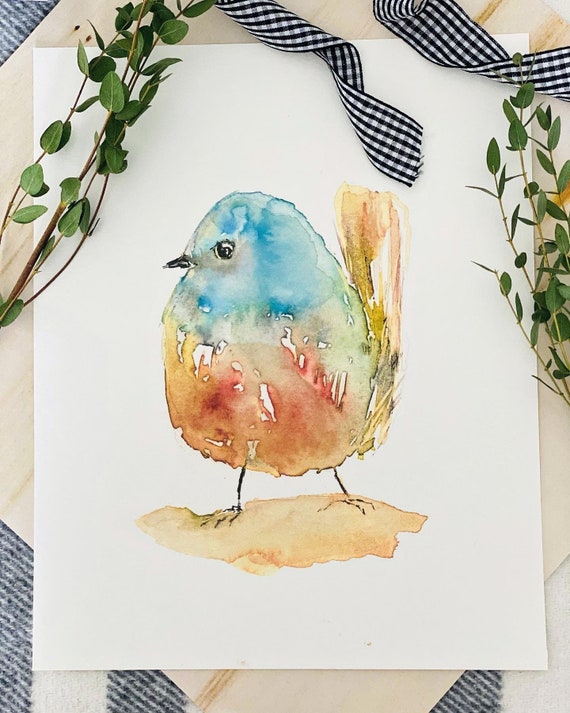 青とオレンジの丸い鳥の水彩画プリント、かわいい鳥の絵、一羽の鳥の