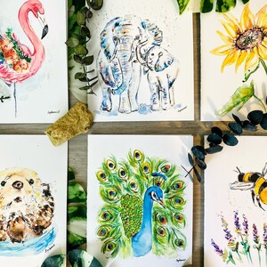 Blank Watercolour Bright and Cheerful Animal and Bird Cards, Pack of 6 Watercolor Note Cards, Sea Otter Card, Peacock Card, Flamingo Card