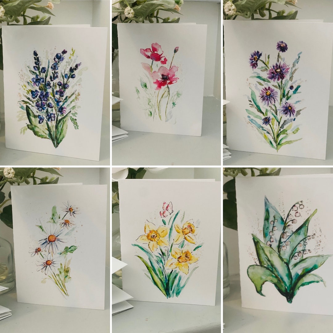 Blank Wildflower Watercolor Cards, Watercolour Floral Stemmed Cards ...