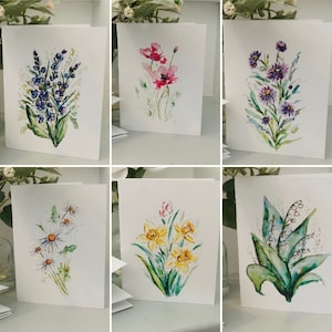 Blank Wildflower Watercolor Cards, Watercolour Floral Stemmed Cards, Lily Of Valley, Daffodil Cards, Aster Cards, Larkspur Folded Greetings