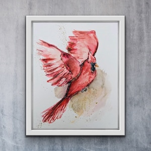 Impression aquarelle cardinal volant blanc, tailles assorties impression d'art oeuvre d'art cardinal, pièces d'art mural ailes de cardinaux série oiseau
