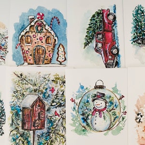 Charming Set of 8 Blank Watercolour Holiday Style Greeting Cards, Blank Christmas Illustration Artist Cards, Assorted Blank Pack Christmas