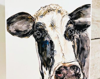 水彩画の牛の横顔プリント、楽しい牛の絵、ホルスタイン牛のウォール
