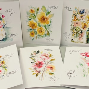 Lot de 6 cartes aquarelles Amazing Grace, versets bibliques de remerciement avec lettrage, fleurs Amazing Grace, art biblique, cartes d'art chrétien