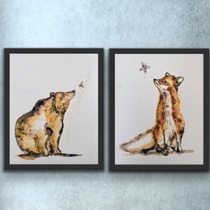 Stampa acquerello di volpe e orso del bosco, stampa artistica di orso e farfalla, stampa murale acquerello di volpe e farfalla, belle arti di orso e volpe carini