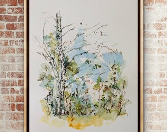 ウエダキヨアキ水彩画 原画　自然と抽象 田園地帯の白樺の木々の水彩画プリント、白樺の木の絵と田園風景の