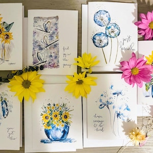 7 Watercolour Greeting Cards, Sunflower Cards, Dragonfly Card, Encouraging Cards, Floral Blank Cards, Assorted Art Cards, Watercolor Prints image 1