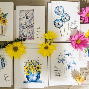 7 cartes de voeux aquarelles, cartes tournesol, carte libellule, cartes encourageantes, cartes florales vierges, assortiment de cartes d'art, impressions aquarelle