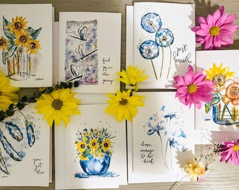 7 Watercolour Greeting Cards, Sunflower Cards, Dragonfly Card, Encouraging Cards, Floral Blank Cards, Assorted Art Cards, Watercolor Prints