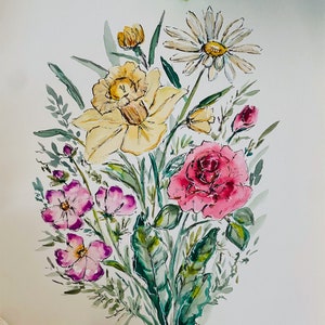 May include: Watercolor painting of a bouquet of flowers, including a pink rose, yellow daffodils, a white daisy, and pink wildflowers. The flowers are painted in a loose, expressive style.
