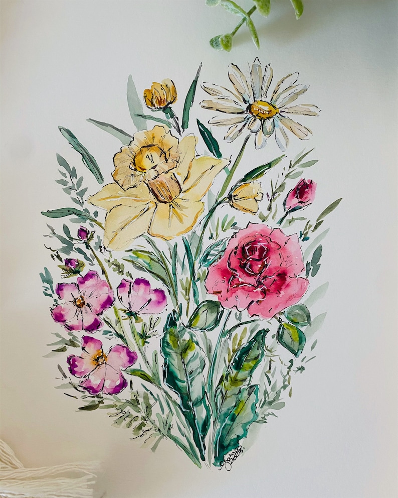 May include: Watercolor painting of a bouquet of flowers, including a pink rose, yellow daffodils, a white daisy, and pink wildflowers. The flowers are painted in a loose, expressive style.