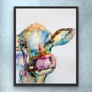 Bright Colourful Cow Art Print, Rainbow Pop of Colour Holstein Wall Art, Abstract Cow Wall Print