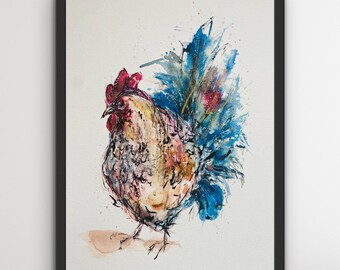 May include: Watercolor painting of a rooster with a blue and brown tail. The rooster is facing left and has a red comb and wattle.