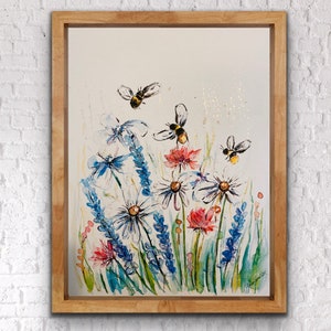 Bumble Bee And Wildflower Watercolour Print, Daisies and Bee Pretty Wall Art, Whimsical Watercolor Artwork