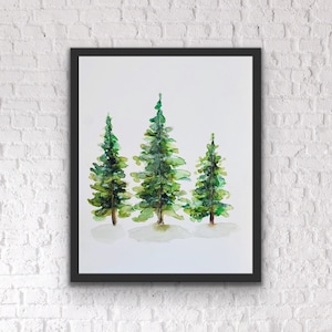 Fila tre alberi ad acquerello, illustrazione della foresta ad acquerello, stampa di tre alberi astratti in fila